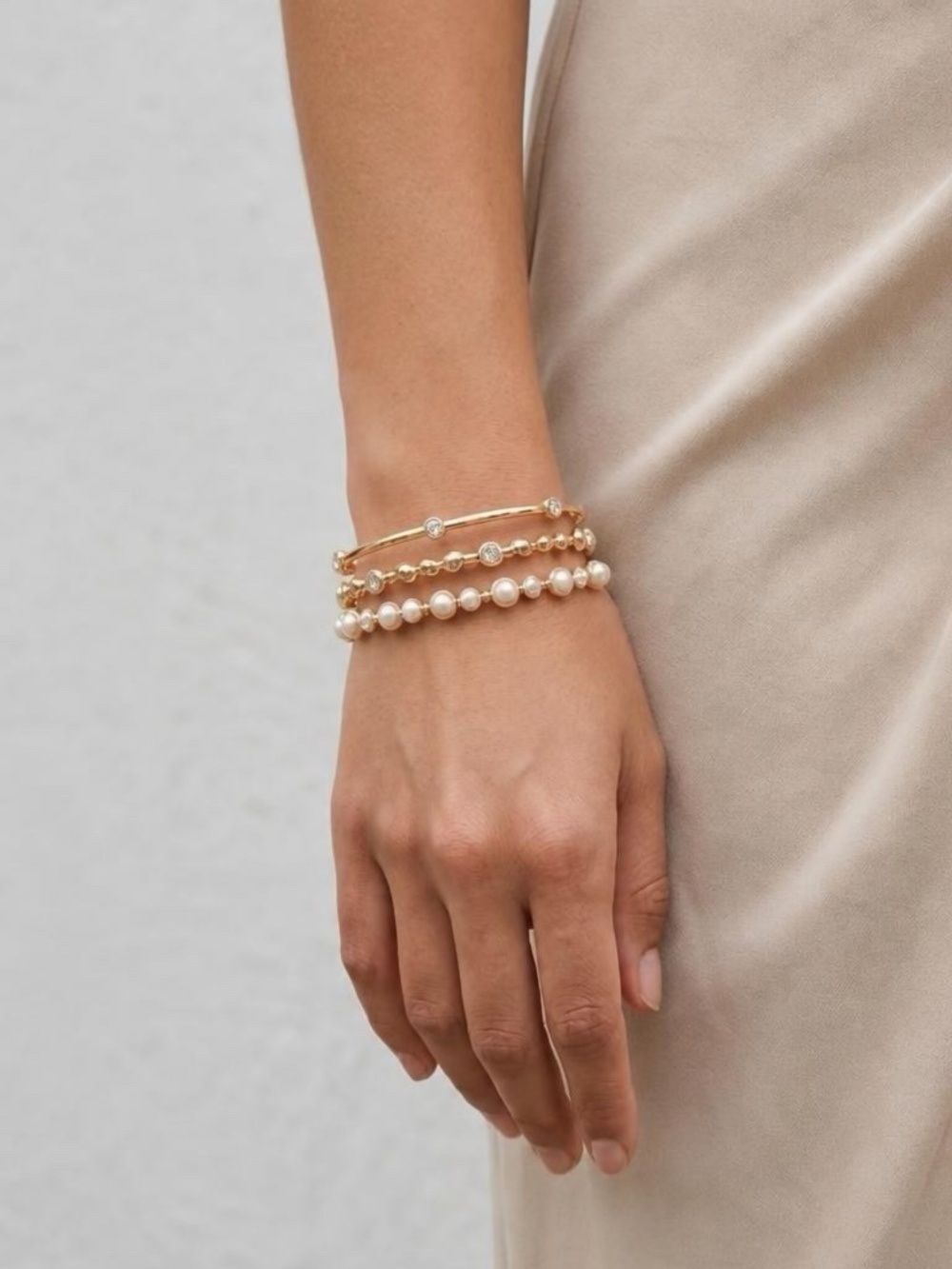 Three Anne Klein Gold Tone Rhinestone and Pearl Bangle Bracelet Set - Picture 7 of 7
